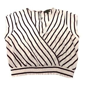 OLM Womens Short Sleeve Crop Top‎ Smocked Waist Wrap Front Striped XL